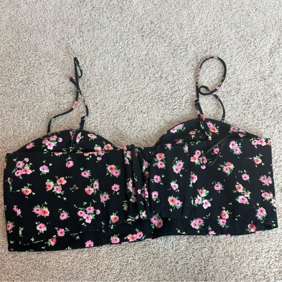 Zara black pink floral flower sweetheart spaghetti strap bustier crop top Sz XL - Picture 4 of 8